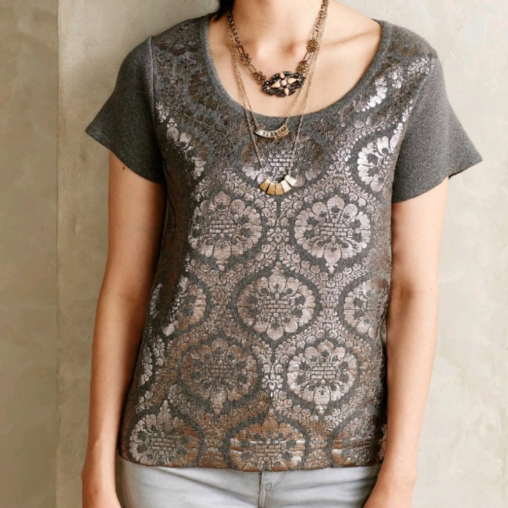 Anthropologie Moth Drawing Room Foil Short Sleeve Sweater Women's XS 100% Cotton